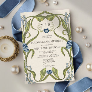 Convite Casamento Floral Art Nouveau Azul Desbotado Marinh
