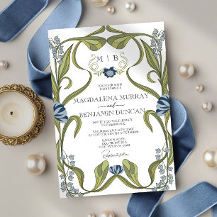 Convite Casamento Floral Art Nouveau Azul Desbotado Marinh