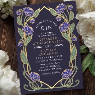 Convite Casamento Floral Art Nouveau Elegante Peônia Azul