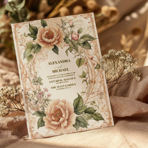 Convite Casamento Floral Art Nouveau Rosa Verde