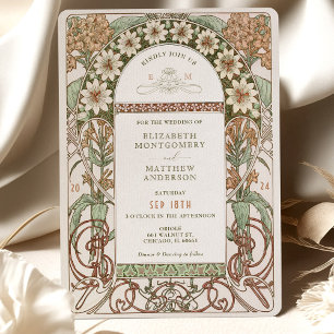 Convite Casamento Floral Art Nouveau Sépia e Creme