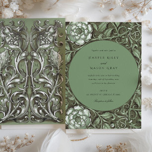 Convite Casamento Floral Art Nouveau Verde Suave