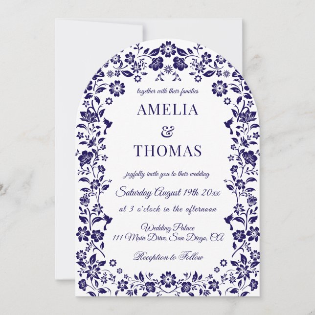Convite Casamento Floral Arte Popular Azul  (Frente)