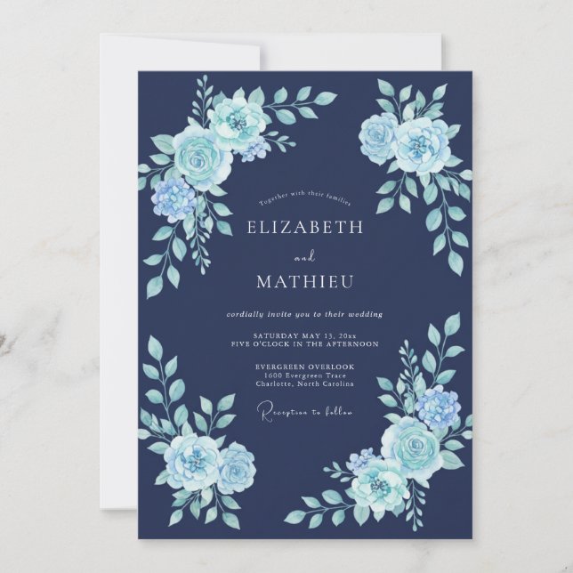 Convite Casamento Floral Ártico Azul Marinho (Frente)