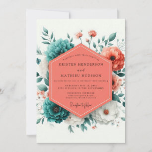 Convite Casamento Floral Artística Coral Viridian