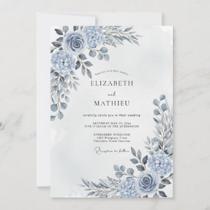 Convite Casamento Floral Artístico Azul Aço