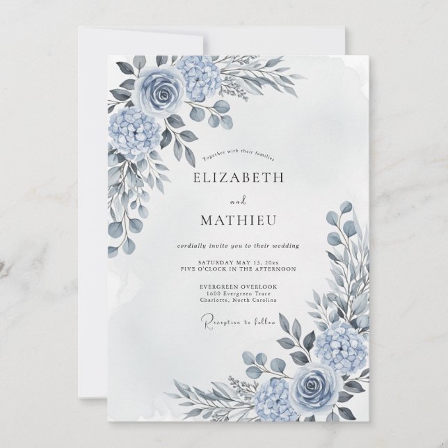 Convite Casamento Floral Artístico Azul Aço (Frente)