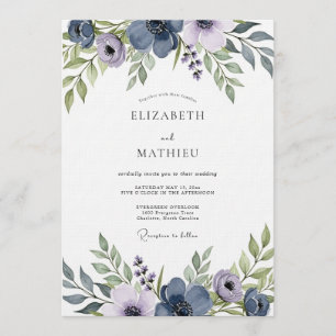 Convite Casamento Floral Artístico Azul Ardósia