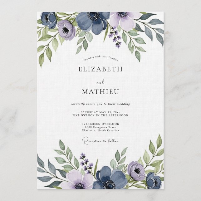 Convite Casamento Floral Artístico Azul Ardósia (Frente)