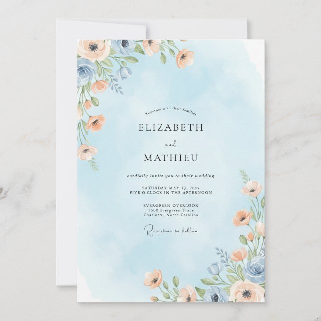 Convite Casamento Floral Artístico Azul Céu (Frente)