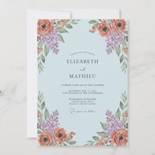 Convite Casamento Floral Artístico Azul Claro (Frente)