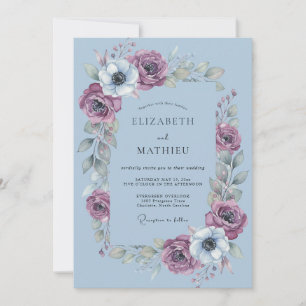 Convite Casamento Floral Artístico Azul Empoeirado