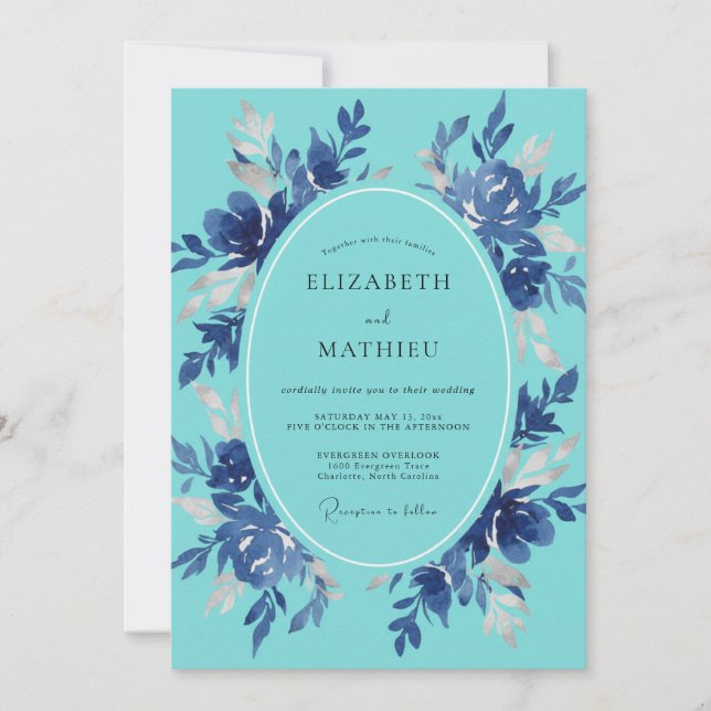 Convite Casamento Floral Artístico Azul Turquesa (Frente)