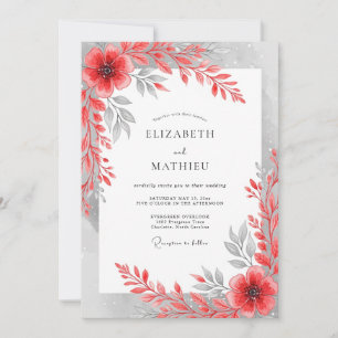 Convite Casamento Floral Artístico Cinza Vermelho