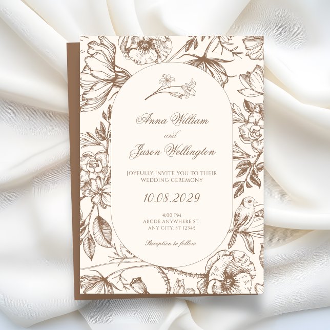 Convite Casamento floral artístico clássico marrom (Criador carregado)