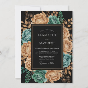 Convite Casamento Floral Artístico Cobre Verde-água