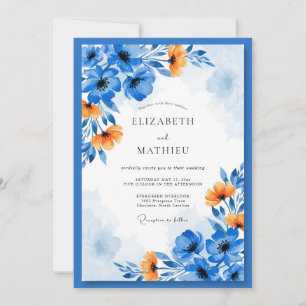 Convite Casamento Floral Artístico Laranja Azul