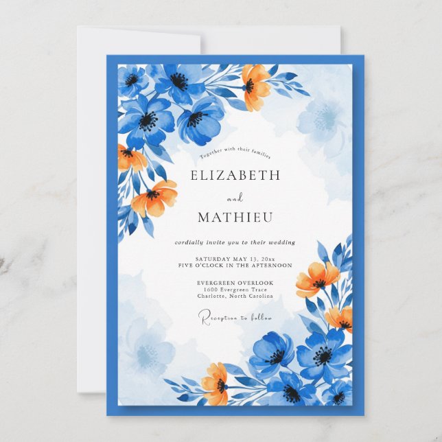 Convite Casamento Floral Artístico Laranja Azul (Frente)