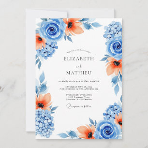 Convite Casamento Floral Artístico Laranja Azul