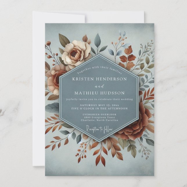 Convite Casamento Floral Artístico Slate & Rust (Frente)