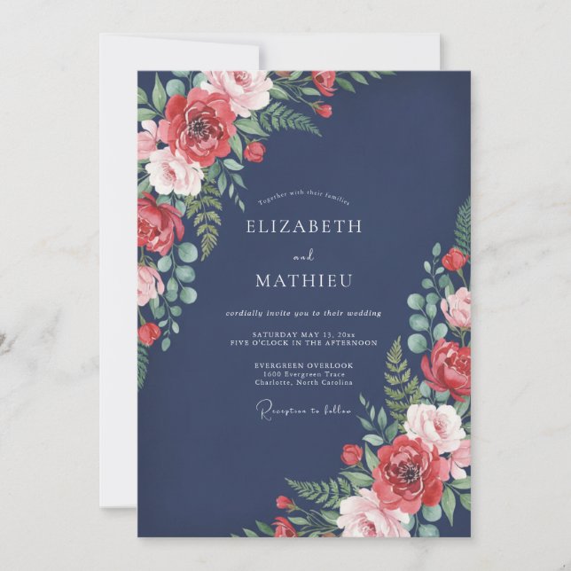 Convite Casamento Floral Atemporal Azul Marinho (Frente)
