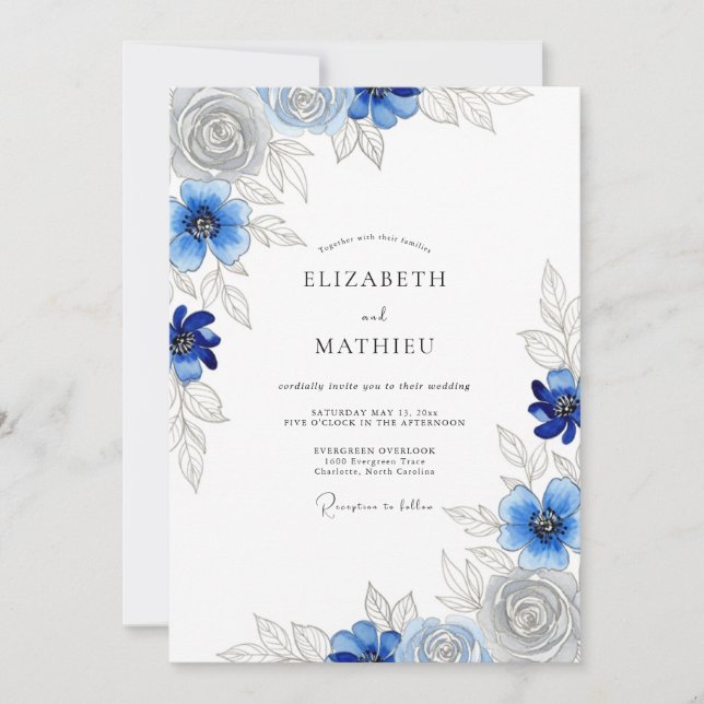 Convite Casamento Floral Atemporal Azul Real (Frente)