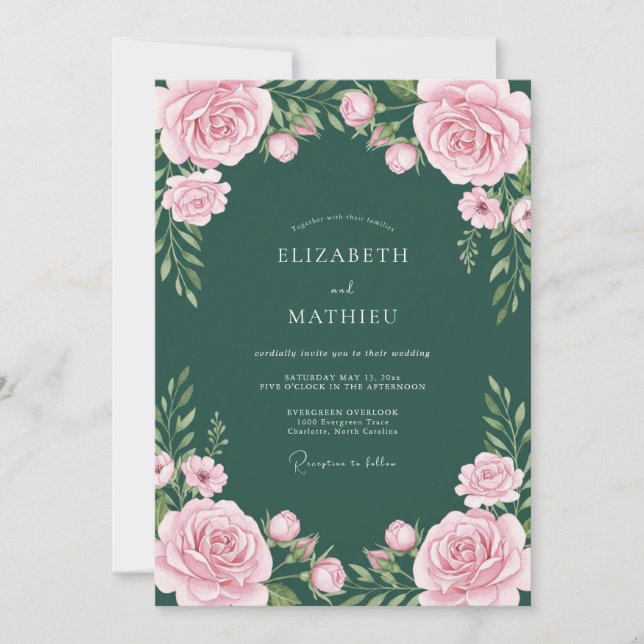 Convite Casamento Floral Atemporal Esmeralda Verde (Frente)