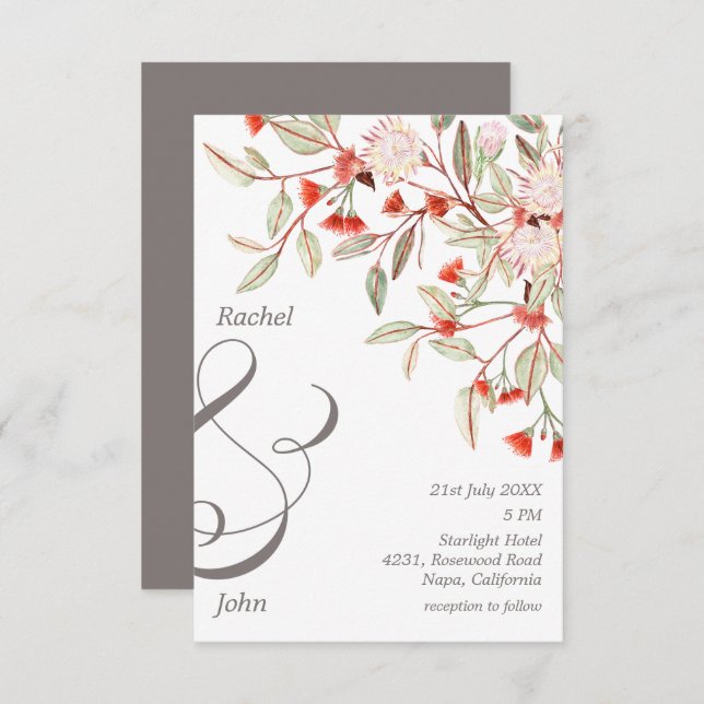 Convite Casamento Floral australiano com Cinzas e Blush (Frente/Verso)
