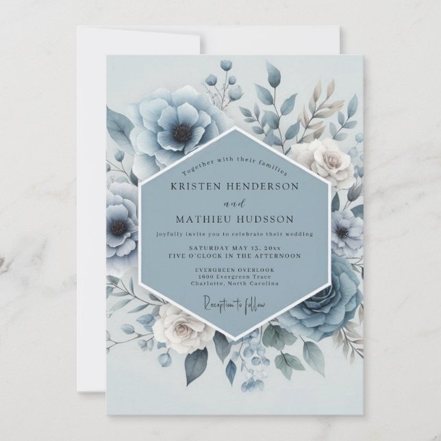 Convite Casamento Floral Azul (Frente)