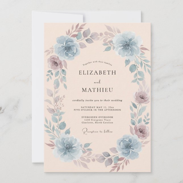 Convite Casamento Floral Azul (Frente)