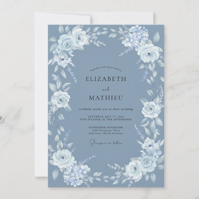 Convite Casamento Floral Azul Aço Elegante (Frente)