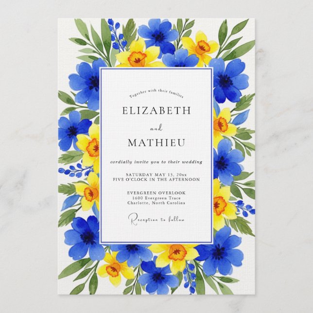 Convite Casamento Floral Azul Amarelo (Frente)