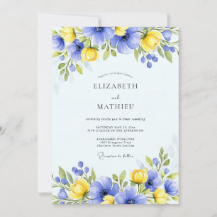 Convite Casamento Floral Azul Amarelo de Primavera