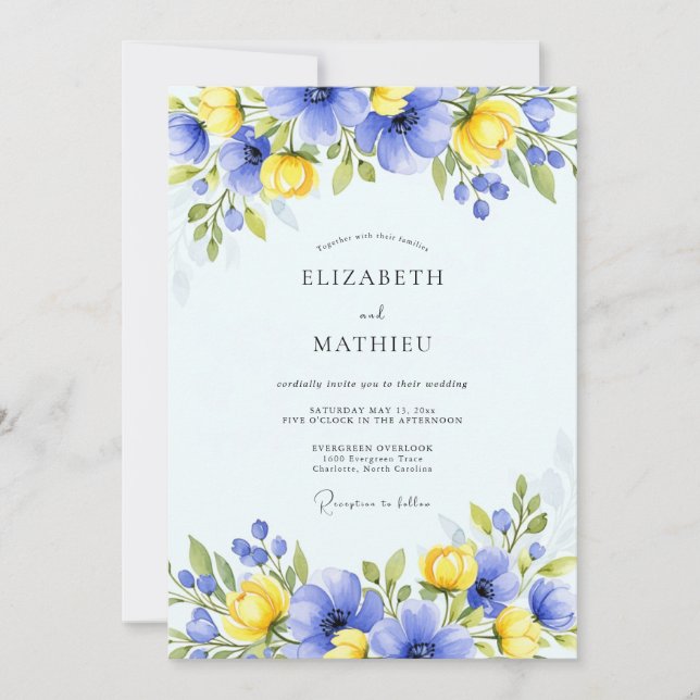 Convite Casamento Floral Azul Amarelo de Primavera (Frente)