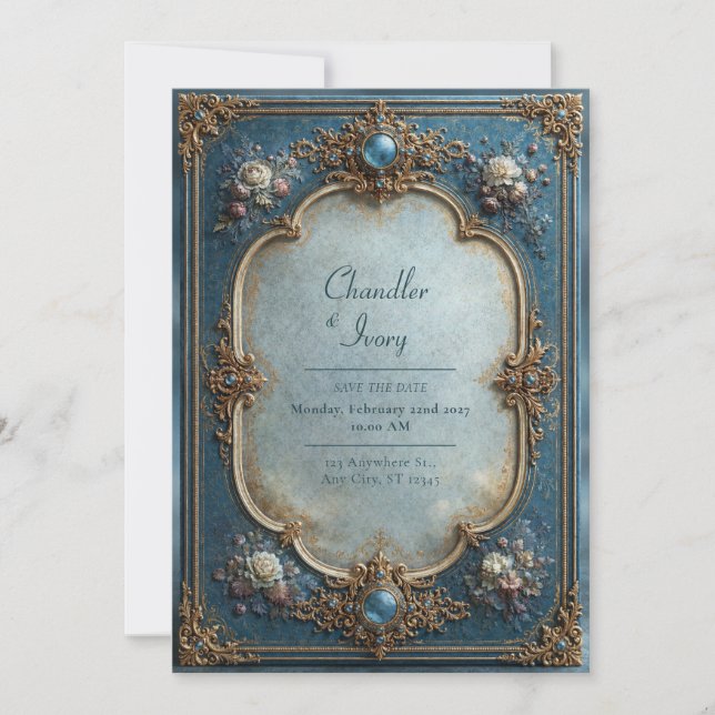 Convite Casamento Floral Azul Antigo (Frente)