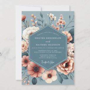 Convite Casamento Floral Azul Ardesia Pintado à Mão