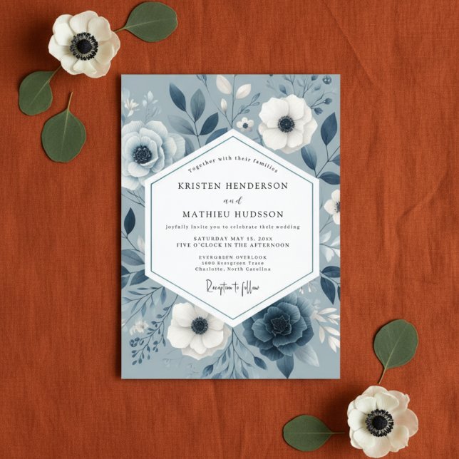 Convite Casamento Floral Azul Ardesia Romance (Criador carregado)