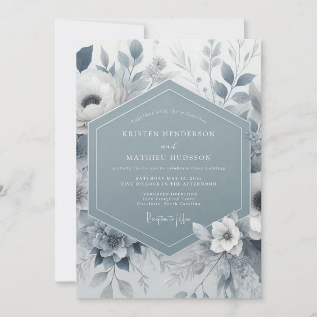 Convite Casamento Floral Azul Ardósia (Frente)