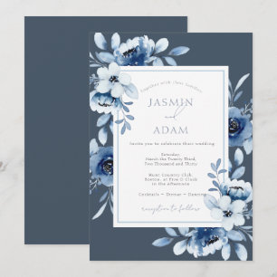 Convite Casamento Floral Azul Ardósia Elegante