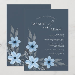 Convite Casamento Floral Azul Ardósia Elegante