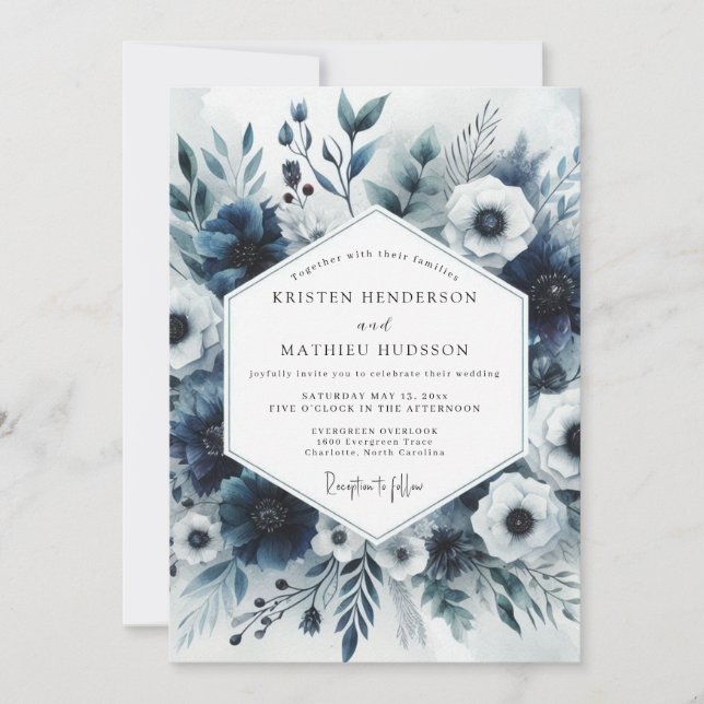 Convite Casamento Floral Azul Ardósia em Flor (Frente)