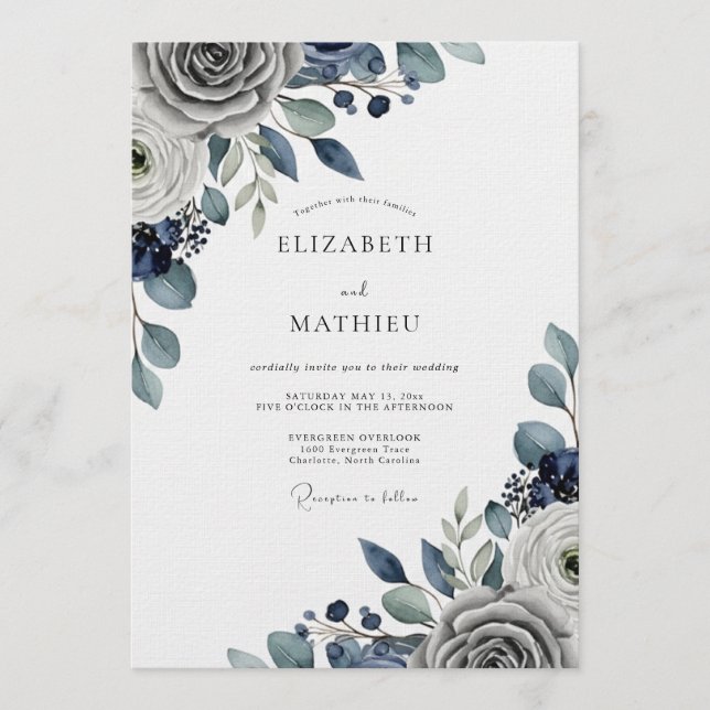 Convite Casamento Floral Azul Arraste Moody (Frente)