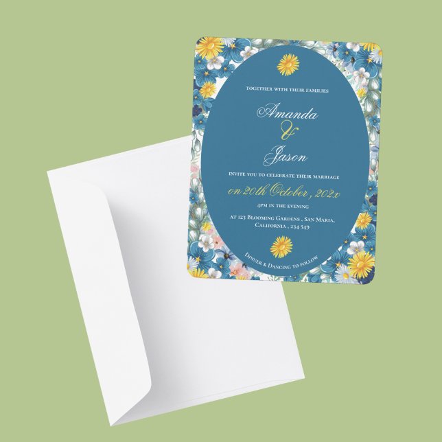 Convite Casamento Floral Azul Azul Branco bonito Amarelo (Pretty Yellow Sunflower White Blue Floral Wedding Invitation)