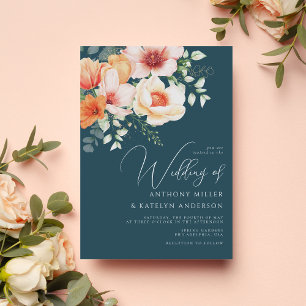 Convite Casamento Floral Azul-Azul de Alma de Pêssego de O