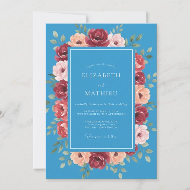 Convite Casamento Floral Azul Azure Vibrante (Frente)