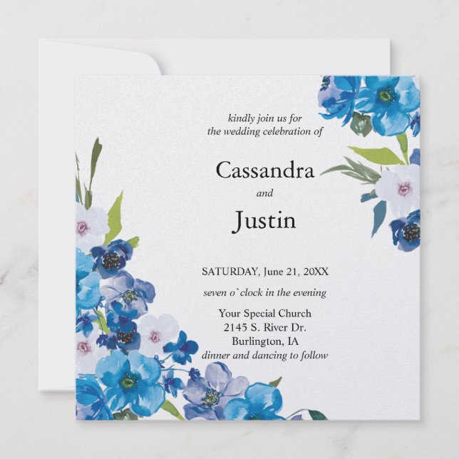 Convite Casamento Floral Azul bonito (Frente)