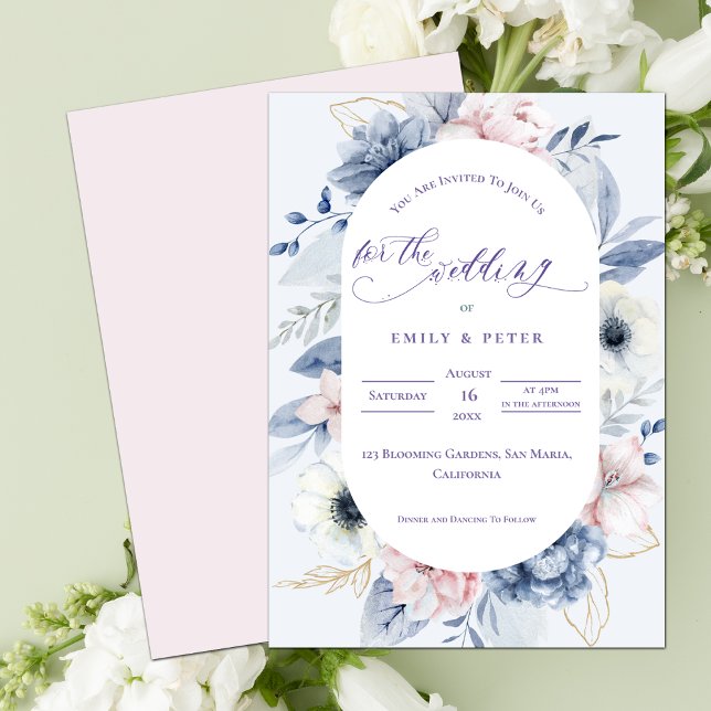 Convite Casamento Floral Azul bonito Dusty Watercolor (Pretty Watercolor Dusty Blue Floral Wedding Invitation)