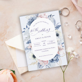 Convite Casamento Floral Azul bonito Dusty Watercolor