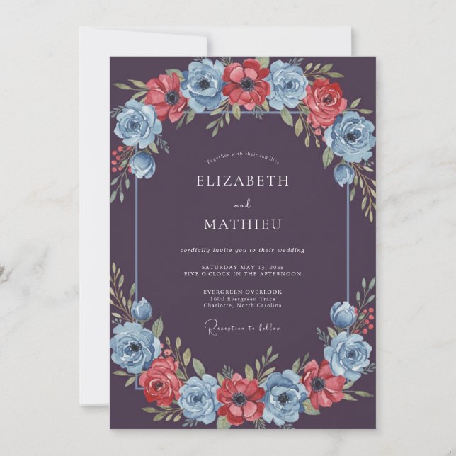 Convite Casamento Floral Azul Borgonha Ameixa (Frente)