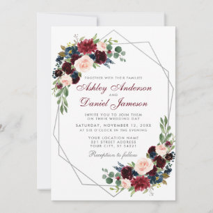 Convite Casamento Floral Azul Borgonha Geométrico